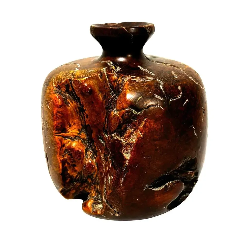 Raw edge burl wood bud vase shapely round natural organic mid century design
